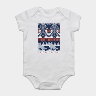 Fair isle knitting grey wolf // pattern // navy blue and grey wolves orange moons and pine trees Baby Bodysuit